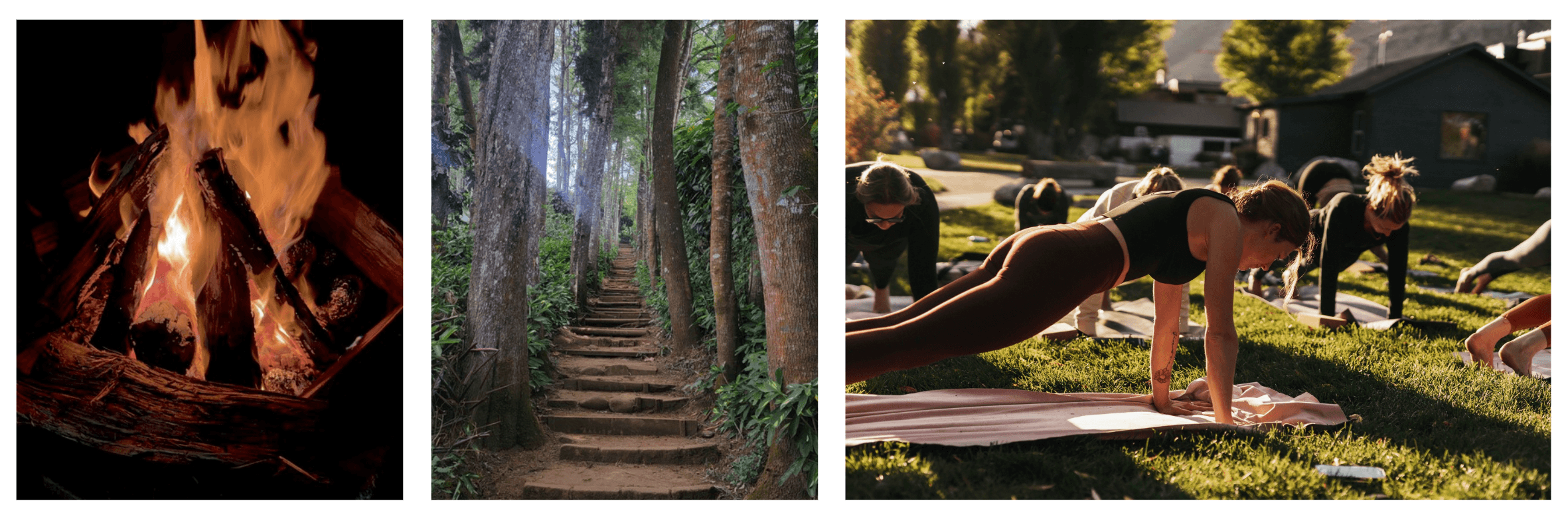 Bonfire, jungle trail, outdoor yoga